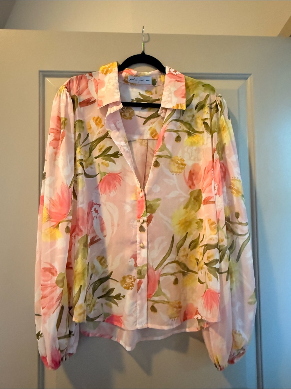 Petal & Pup Pink Floral Button-Front Blouse with Green Accents